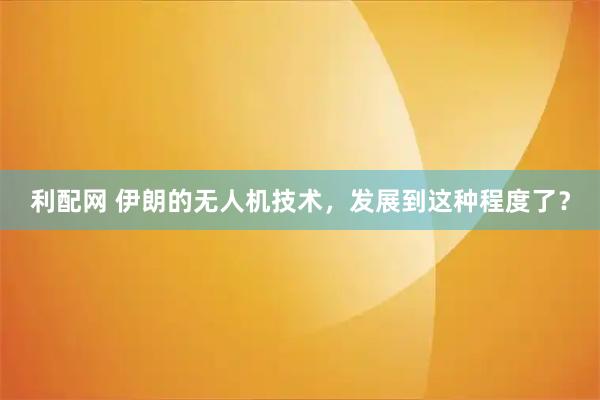 利配网 伊朗的无人机技术,发展到这种程度了?